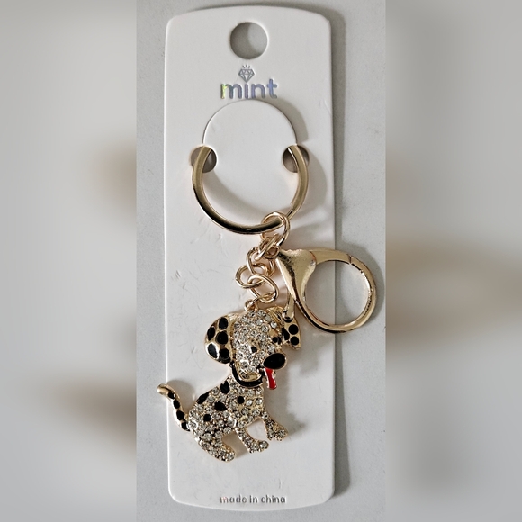 Mint Accessories - Mint Rhinestone Clear & Black Dalmatian Bag Charm Keychain w/ Gold Tone Hardware